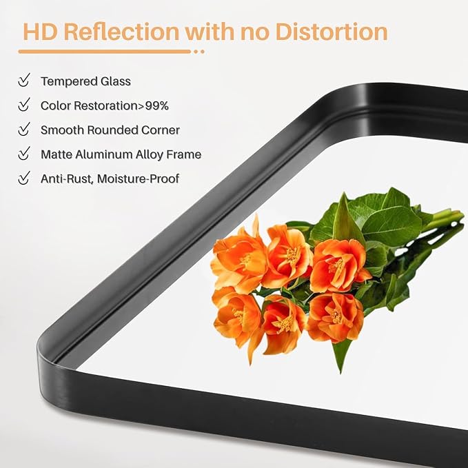 30x22 Inch Matte Black Bathroom Wall Mirror | Tempered Glass