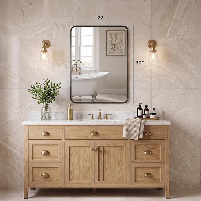30x22 Inch Matte Black Bathroom Wall Mirror | Tempered Glass