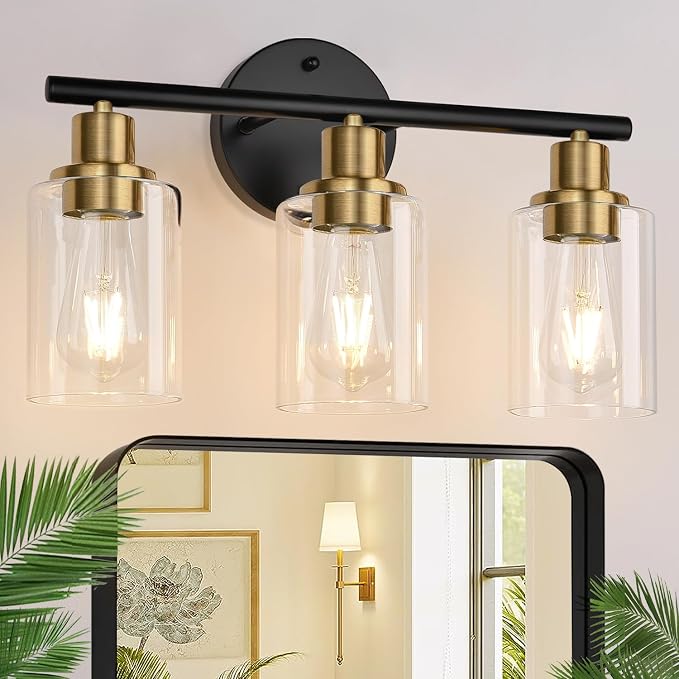 3-Light Black Bathroom Vanity Lights with Clear Glass Shades