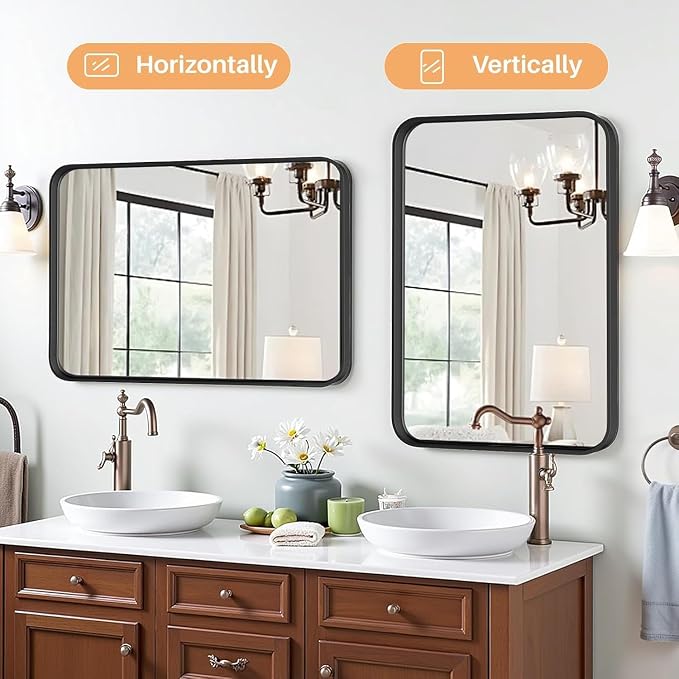 30x22 Inch Matte Black Bathroom Wall Mirror | Tempered Glass