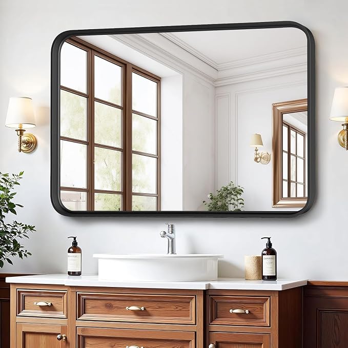30x22 Inch Matte Black Bathroom Wall Mirror | Tempered Glass
