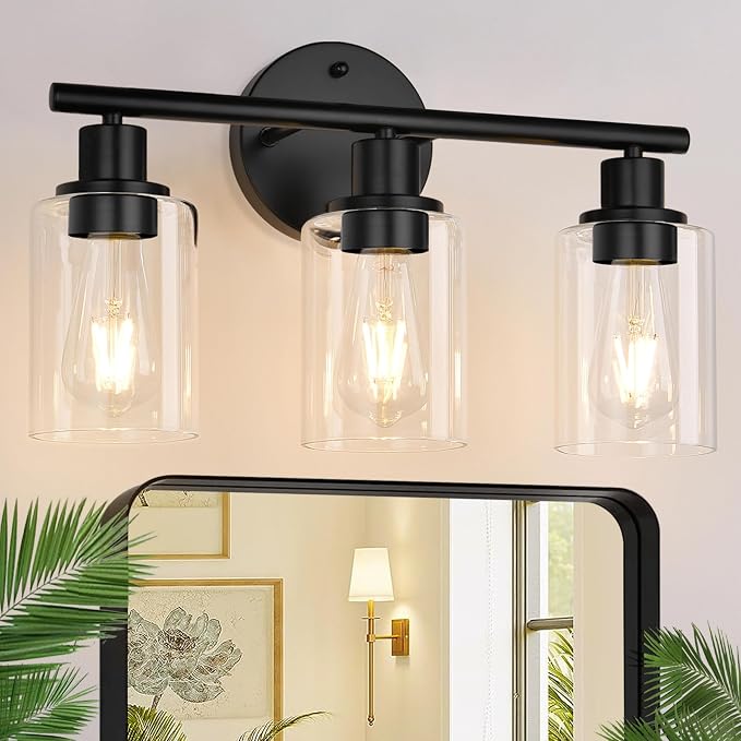 3-Light Black Bathroom Vanity Lights with Clear Glass Shades